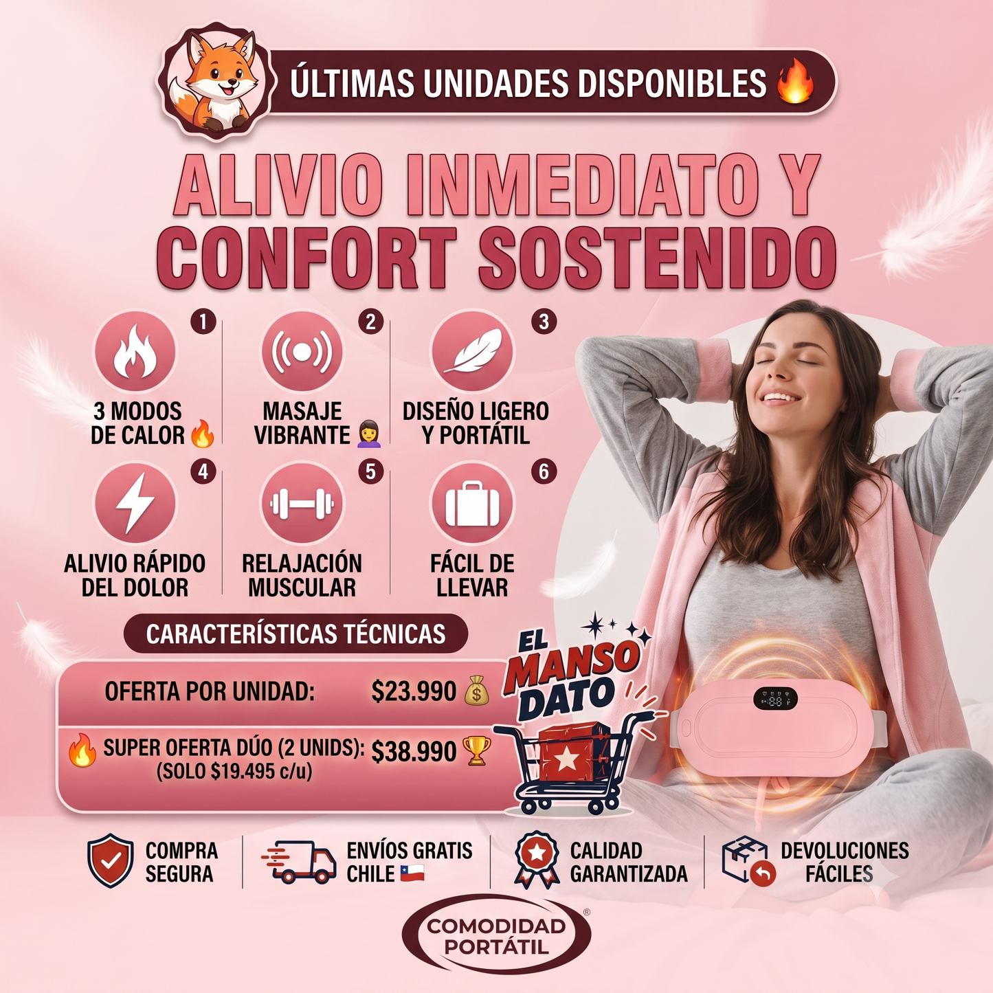 CalmaFem™ – Cinturón Térmico y Masajeador para Cólicos